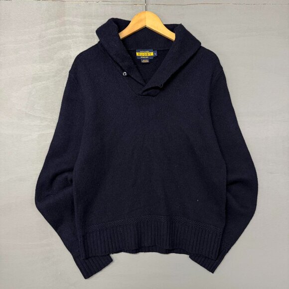 Ralph Lauren Rugby Sweater Navy Blue 100% Wool Shawl Elbow Pads‎ Men’s Large - Picture 1 of 7